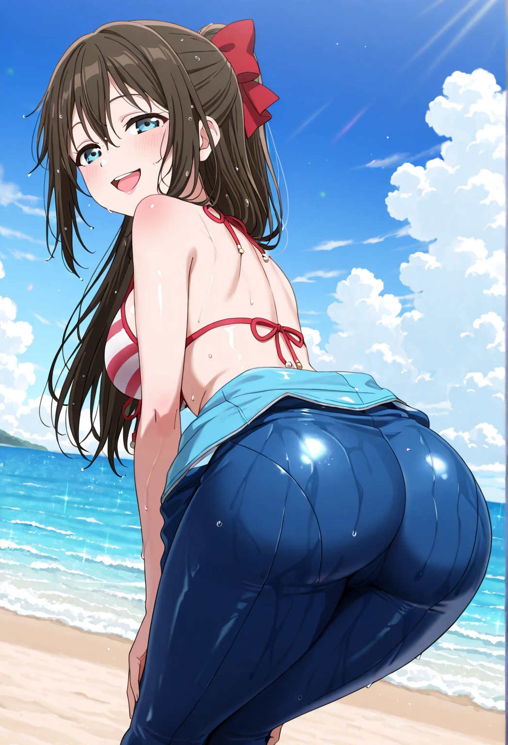 masterpiece, photoreal, high definition, slim waist, long legs, wet skin,  huge ass, huge breasts, masterpiece, best quality, absurdres, perfect anatomy, 1girl, solo, Sailor jupiter, (1990s \(style\), Brown hair, short ponytail, smile, black bikini, white thigh highs, covered in cum, wet skin, cum drip, bukkake, breast milk, cum on face, cum on tits, lip biting, kneeling, crouching, at the beach