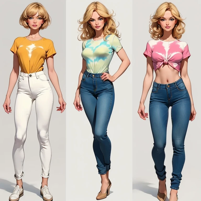 cowboy shot, Hori Kyouko, 1980s \(style\), 1girl, Horimiya, blonde hair, retro artstyle, short hair, solo, pink jumper suit, unbutton_shirt, (medium_breasts:1.2), medium_breasts, cleavage, full body shot, model pose, shoes visible, ass view, face view