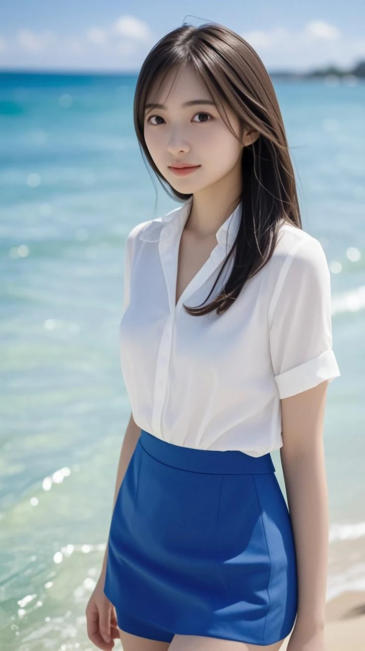8k, Raw photo, highest quality, masterpiece:1.2), masterpiece, highest quality, figure, Very detailed, Fine details, High resolution, 8k,wallpaper, Perfect dynamic composition,(Detailed high quality, Realistic depiction of eyes:1.3)、 Woman、Arms wrapped around his back, hands tie behind back, Crouching on the deck of a yacht at sea、White panties are visible、Wearing a short-sleeved shirt、Wearing a long skirt、whole body、The whole thing faces forward、21talent、Beauty、I am a TV personality.、Well-formed face、Make your eyes even、Beautiful black hair fluttering violently in the wind、Fluttering bangs、Well-balanced proportionedium build、Beautiful legs、Refreshing small face、Beautiful scenery、