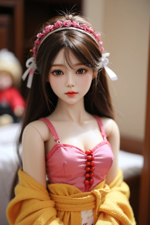 "Create a cute cartoon style drawing, A 7-year-old Japanese girl smiling slightly, Similar to Blythe dolls. She wears a kimono, The brunette is styled as Bob, Dark eyes, Cute little nose, and slender figure. The girl stood facing forward,Hang your hands at your sides, Legs straight, and feet pointing forward.full bodyesbian,Barefoot,Shoot at medium distance"