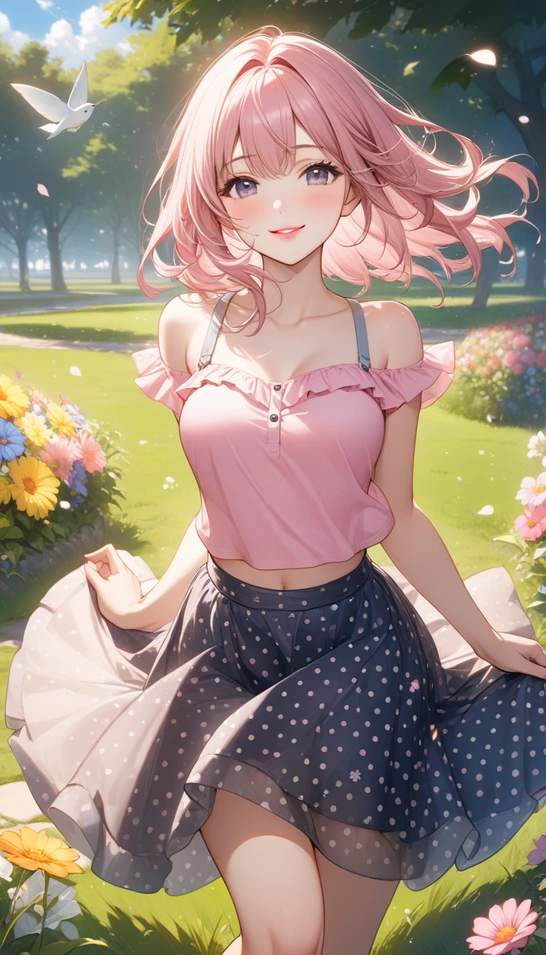 Cute girl, brown skin, with very pink hair, tall hair, bright shining green eyes, flying, sky Background, purple skirt and top