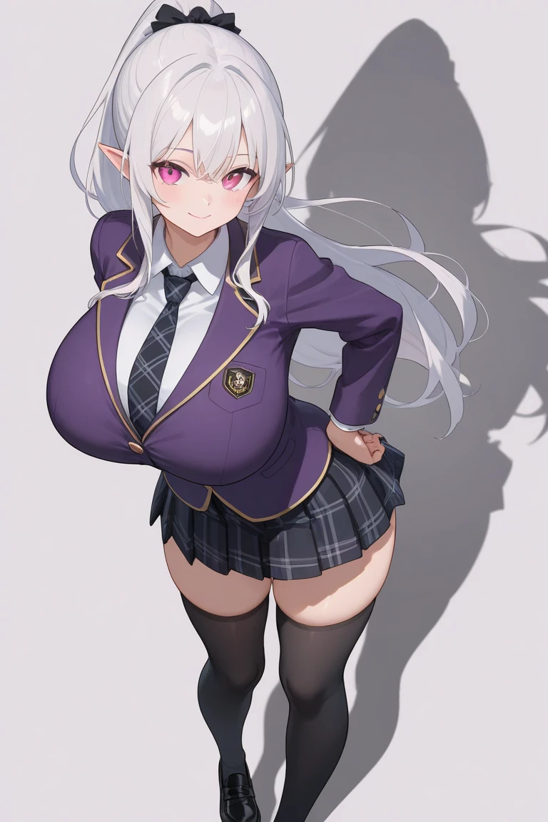Young woman with white hair with purple highlights, 25 years old, Adult body;;, yellow eyes, long-haired,Green braid tied in bows left and right.......Big breasts..,, Wear a black work suit with a large white chest., Walk on the grass with a slight smile on your face....................