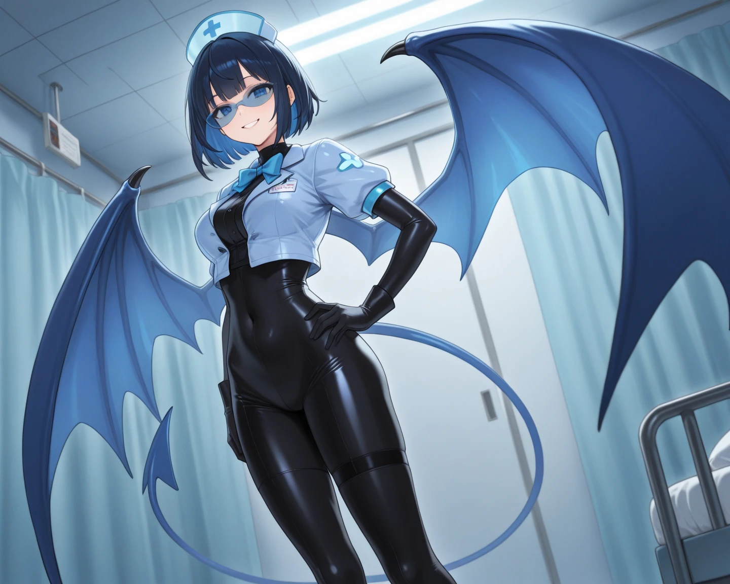 Masterpiece, top quality, high resolution, masterpiece, adult woman, one, wicked smile, evil smile, evil plan, bat wings, black hair, white nurse uniform, short hair, blue eyes, white miniskirt, hospital room, needle