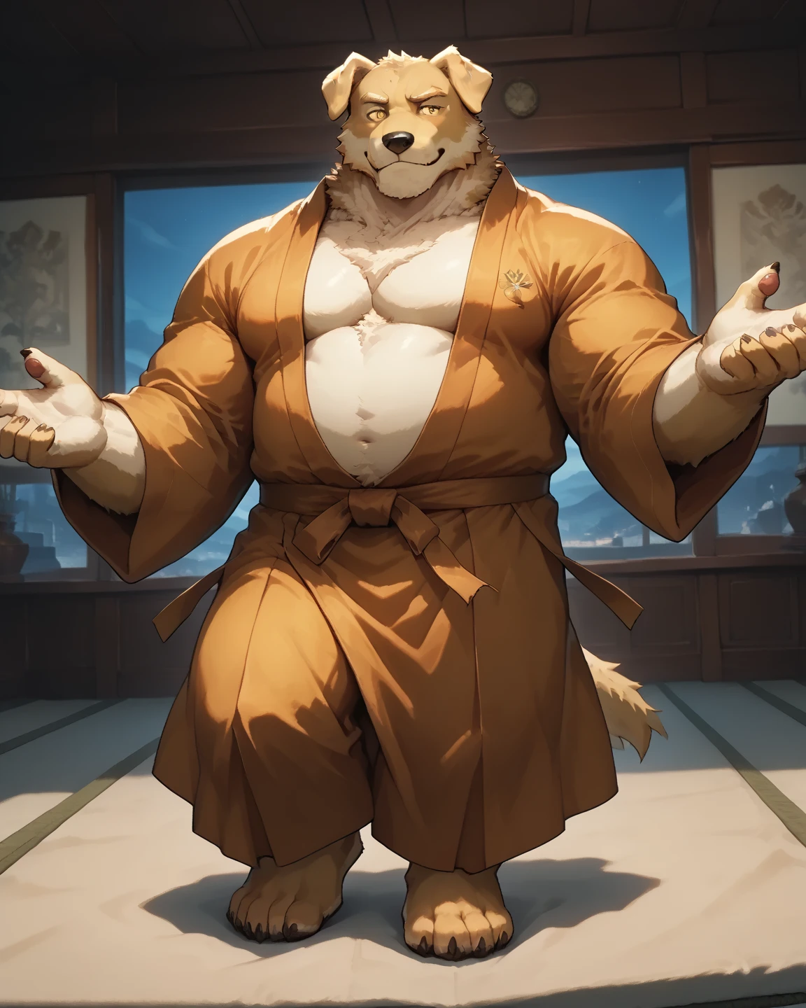 solo, arcanine, anthro, male, obese, very large belly, wearing martial arts uniform, happy expression, cheering, holding trophy, indoors