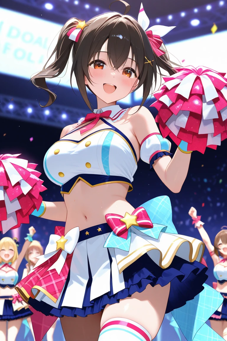 (highest quality:1.2), masterpiece, High resolution, perfect lighting, Lens flare, Cheerleader, jump, long hair, brunette hair, holding a pom pom, gush, Sleeveless with wide open chest, Brilliant, fine eyes, Underwear fully visible skirt that bounces energetically, break ((colorful confetti)), stadium, nice, C cup breasts, sparkling, effect、Underwear fully visible、sexy、smile、extraordinary smile、cute、