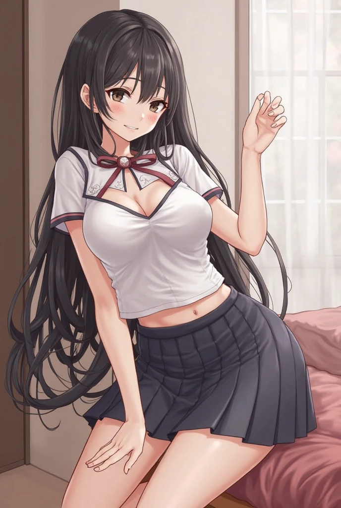 kasumigaokautaha, ((full body)), ((full pose)) utaha kasumigaoka, black hair, hairband, long hair, (red eyes:1.5), masterpiece, best quality, highres, kasumigaoka utaha, 1girl, solo, ((lying)), bed, ((underboob)),((pink thirt)) medium breasts, crossed legs, blushing, black hair, hairband, red eyes, ((white hairband)), bangs, medium breasts, (((white short socks!))), blushing, :o, shock face, feets, cowboy shot, looking at viewer, living room background, picture from down, living room background