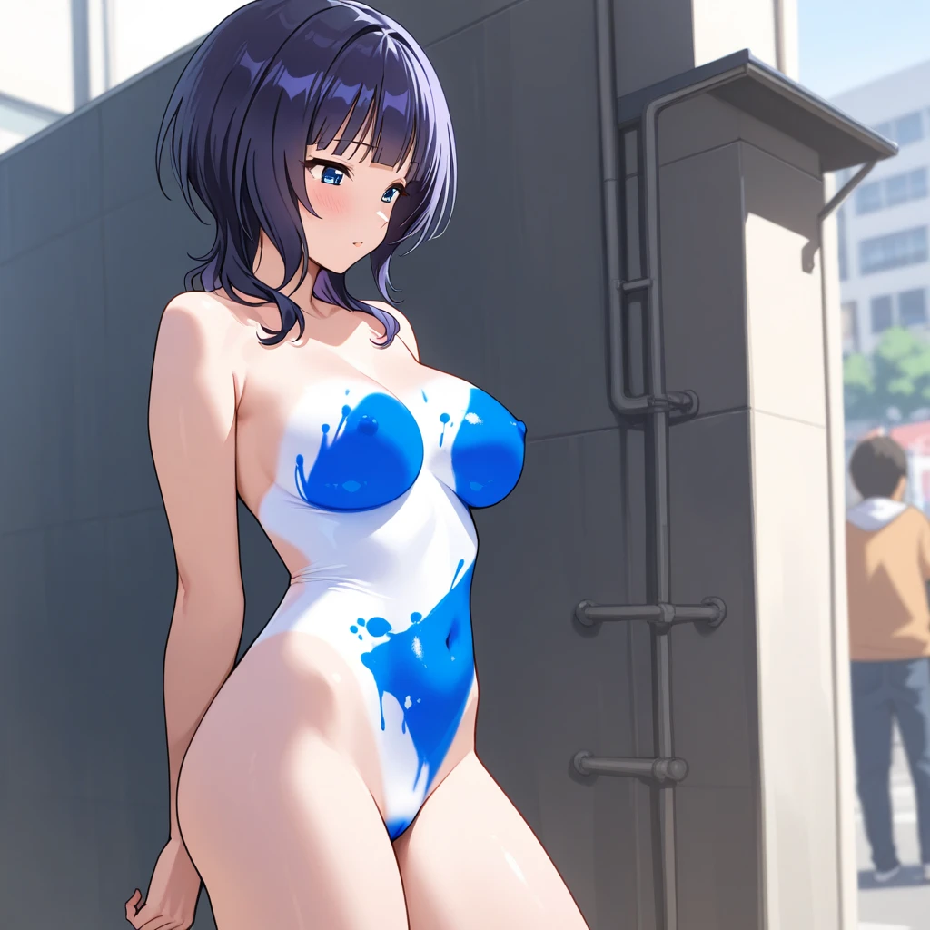 ((Completely naked))、((night))、((Back-length blue hair))、Blue-green eyes、Severe myopia、Big Breasts、Baby Face、((Shy expression))、beautiful teacher、24-years-old、((highest quality))、((High resolution))、anime、Medieval Europe、Cleavage、(Perfect Five Fingers)、Wet body。A body covered in white foam、Standing in front of a wooden wall、dim、Wet Hair、Pink nipples、Closed eyes