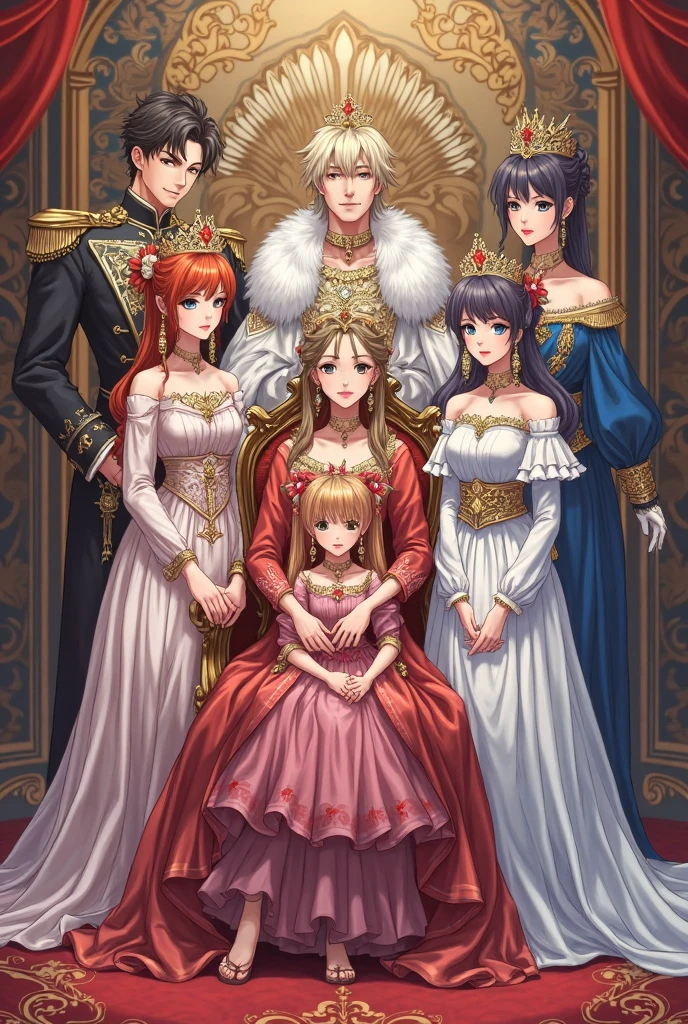This anime
King black hair
Queen brown hair
Prince brown and black hair
Princess black hair
Princess brown hair