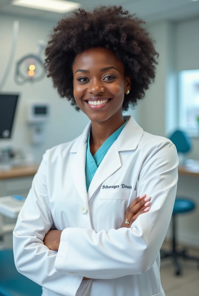 Dark skinned nurse, curly hair and white suit