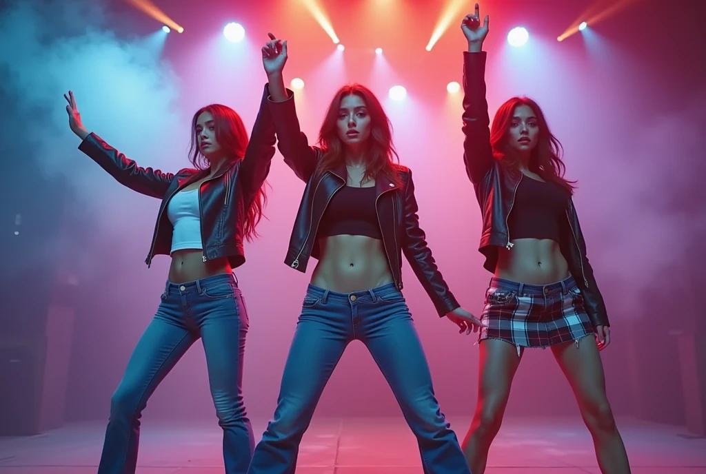 Four girl pop star group on stage singing, all beautiful, one redhead, two brunettes, and one blonde