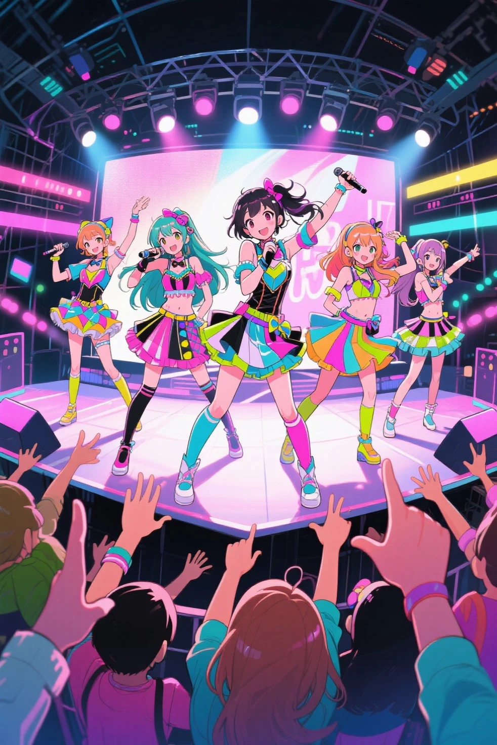 5 Japanese girls jumping , all of the group have long hair, beautiful, pretty, no deformation, great quality. The girl in the center has giant black hair, the others have colored hair, the background is a very beautiful and bright Jpop concert stage with lots of people