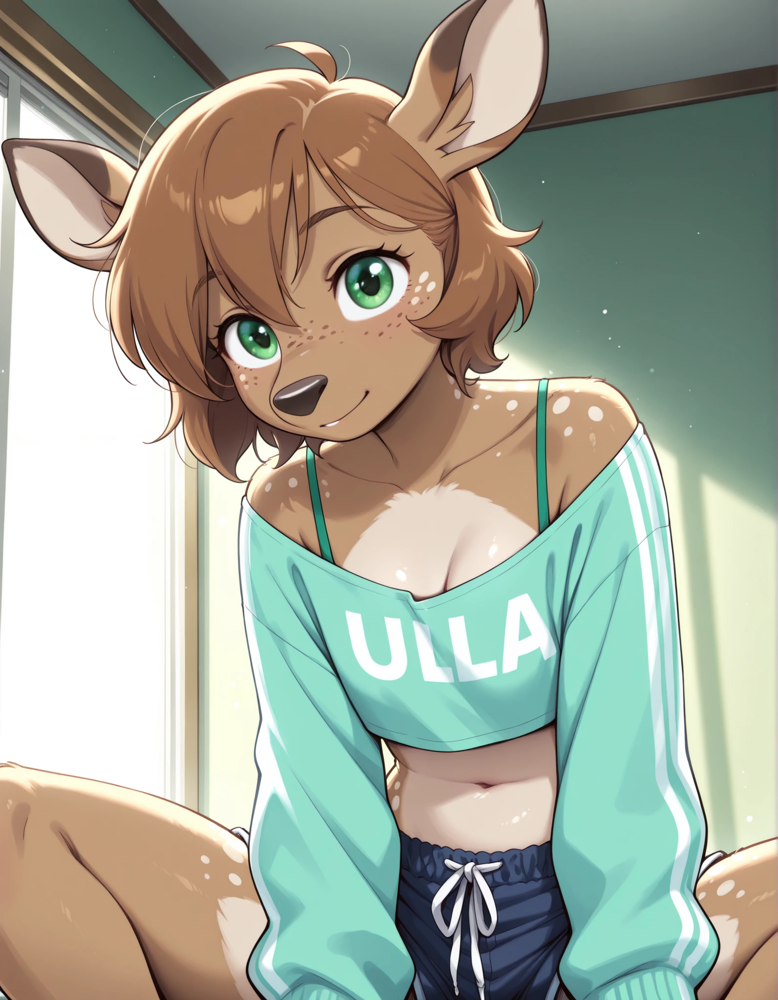 lotte, deer girl, furry female, body fur, animal nose, snout, animal ears, green eyes, brown hair, short hair, freckles,, chocker, crop top, navel, midriff, long sleeves, off-shoulder shirt, shorts,