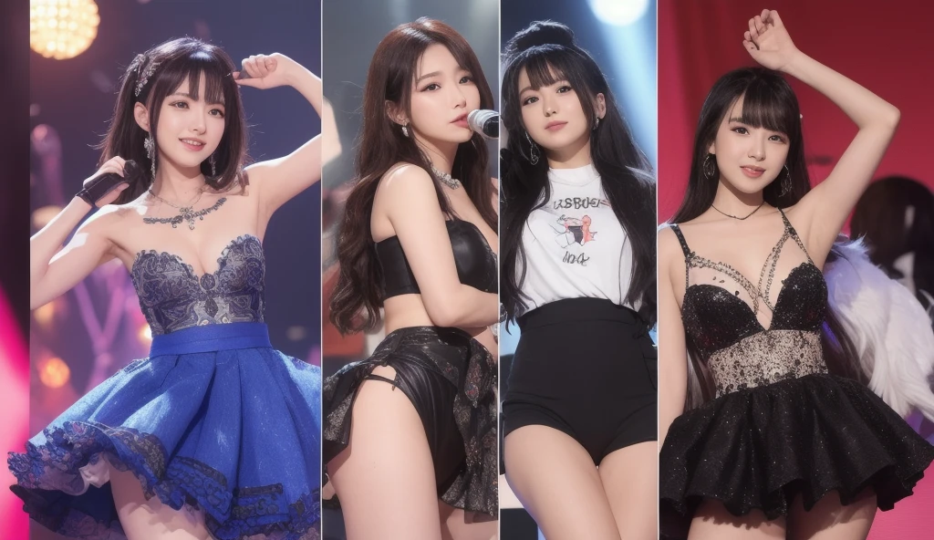 Big Breasts、Nipples、A group of 10 female students standing in a row、Short Hair、ponytail、1 Female、(Super beautiful)、(Facial beauty:1.5)、(Spread your legs:1.3)、(String panties:1.5)、concert、stage、Idol、(Black background, Long Sleeve Dress:1.5)、Black background High Heels、(At SFW:1.3)、(Bare legs:1.1)