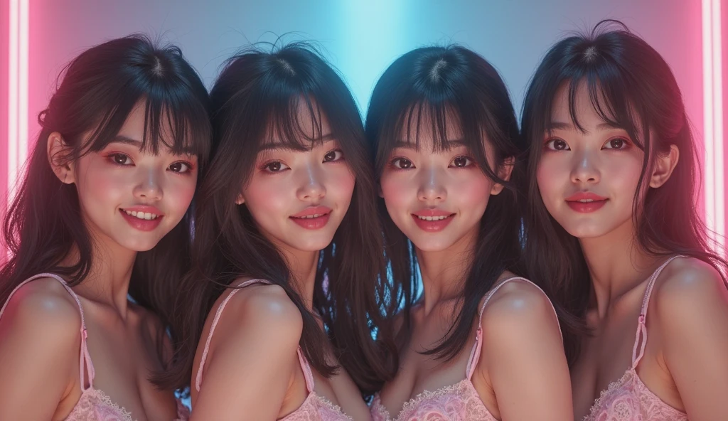 Lively,((Three Girls)),Face Enhancement,Face Extra Large Zoom、Selfie,look up、Staring at this、Emphasize cleavage,smile, smile、short hair