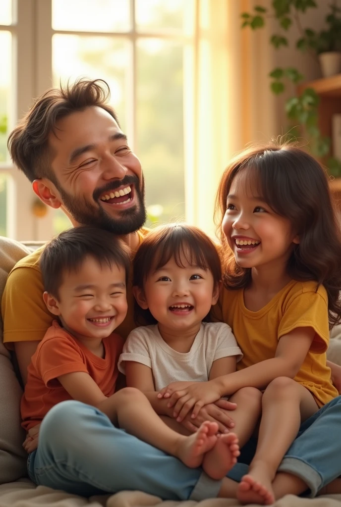 A mother with two twin children, a girl and a boy, on her lap and two more Japanese boys beside her A bearded father behind