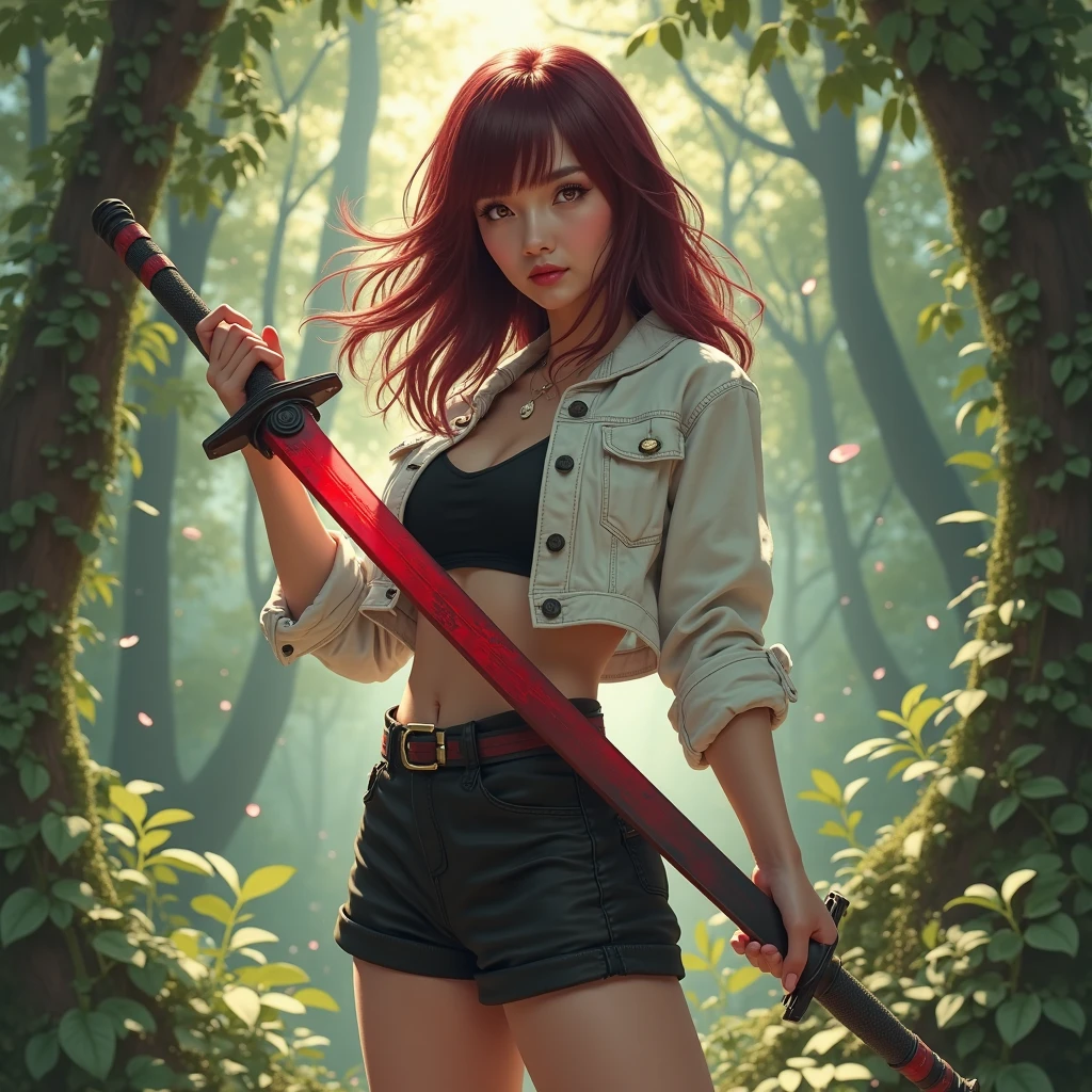 red head with curly hair and rose tattoos on shoulders and forearms, wearing blue top and jeans, oculos de sol, carrying a katana. She has one eye of each color: Green in the light, Blue on the left. witch/Celtic clothing style, in Brazil. The scene must be in the distinct real-life style of Cinematic, Focus on the characters' expressions, colors, Natural textures and detailed animation features.