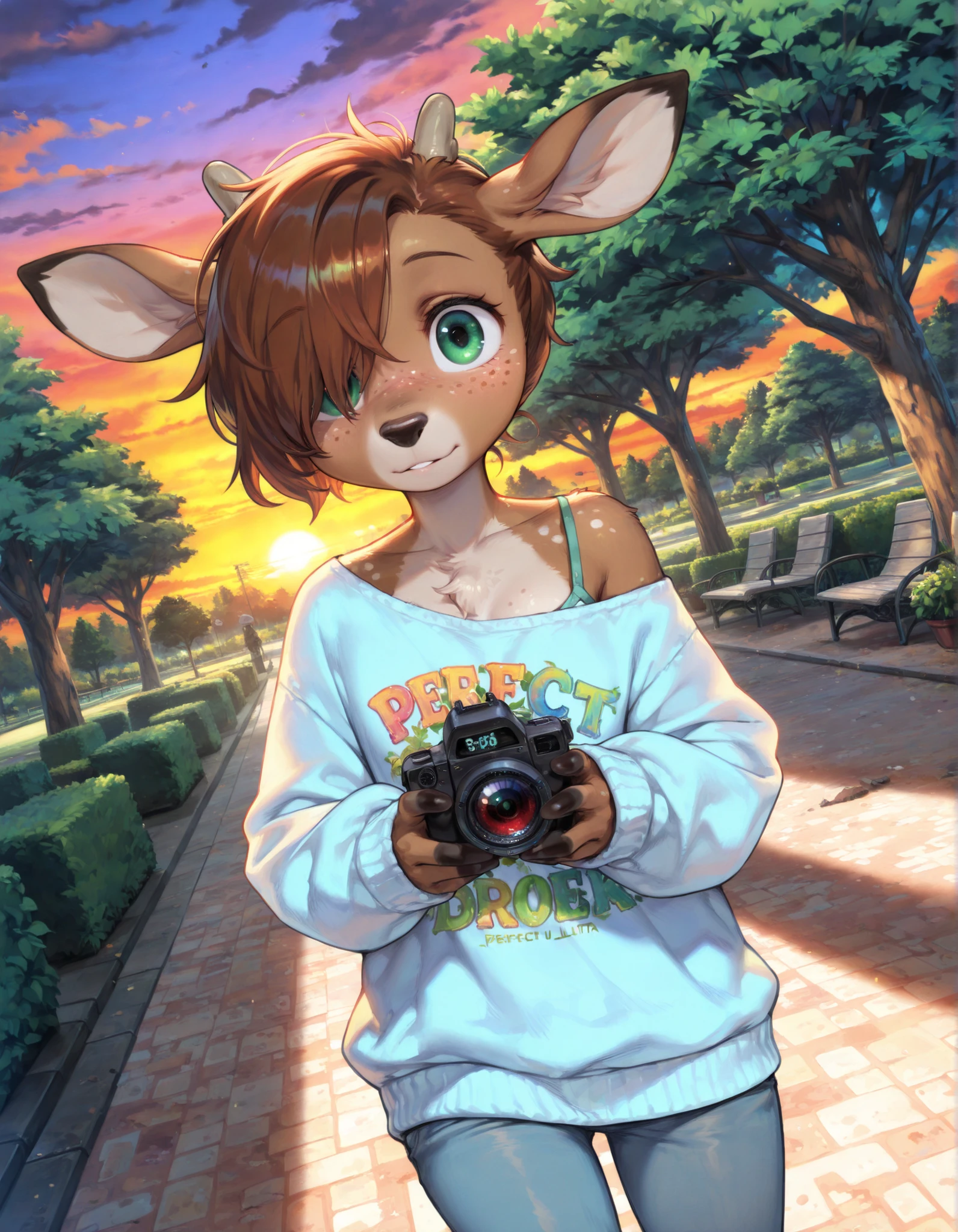Solo, 1girl, female, adult, lotte, deer girl, furry female, body fur, animal nose, snout, animal ears, green eyes, brown hair, short hair, freckles, cute face, perfect anatomy, detailed skin, detailed eyes, perfect hands, perfect face, small breast, hair over one eye, BREAK sweater, long sleeves, off-shoulder shirt, pants, BREAK outdoors, park, colorful, sunset, looking at viewer, dutch angle, BREAK ((ultra-detailed)), ((best quality)), ((best quality)), ((beautiful eyes)), ((extremely detailed)), best quality, (beautiful), Master piece, highres, colorful, best quality, official art, highres, masterpiece, god light, detailed background, high quality background, very aesthetic, absurdres,
