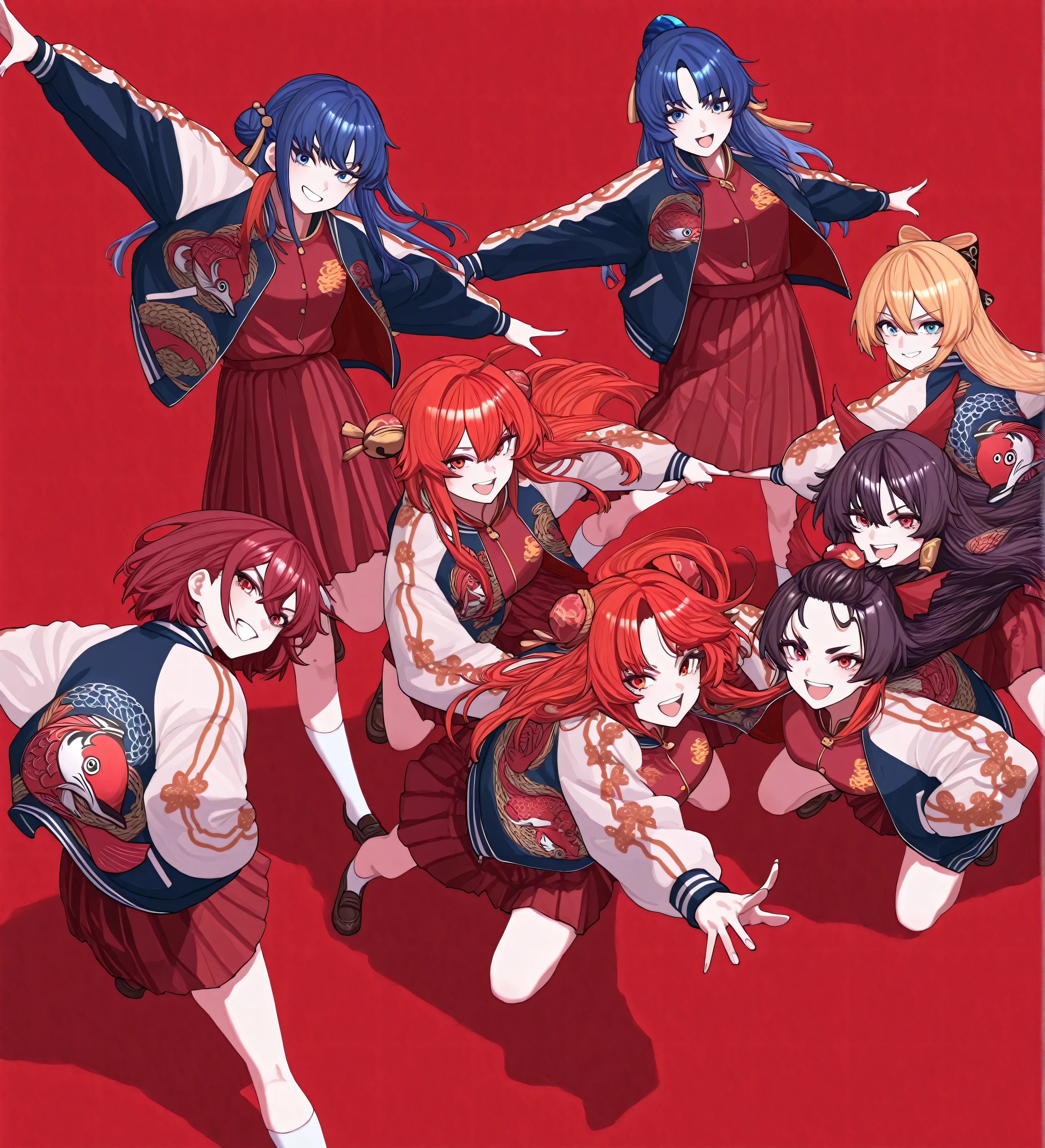 5 girls wearing a Sukajan jacket turns around and spreads her arms to show the viewer the two carp embroidered on the back of the jacket. She smiles with pride. The two carp embroidered on the back of the jacket are blue on top and red on the bottom, and they seem to be fighting over each other's territory.