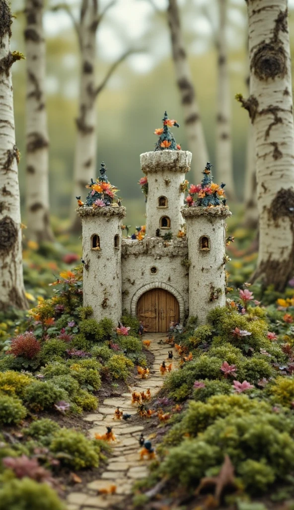 photo 8K Ultra HD, Masterpiece, best quality, extremely Realistic, full body view. dozens magenta ants are building tiny small castle. setting is birches forest. [[[[deformed limbs, blurry, low quality, cartoonish, flat colors, symmetry, extra fingers.]]]]