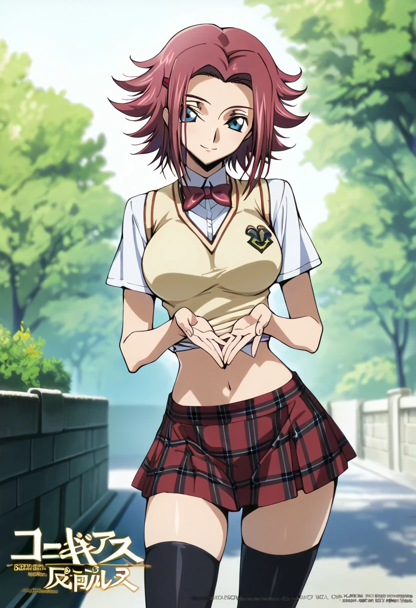 masterpiece, highres, outdoors, day, sasamoto narumi, tomboy, red hair, green eyes, shiny skin, shiny, smile, white shirt, long sleeves, blue sweater vest, green skirt, skirt lift, clothes lift, pantyshot, panties