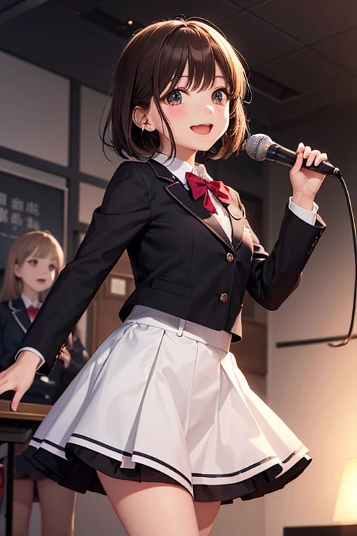 A high-definition, dynamic images that shows an anime-style woman in her 30s wearing a suit playing a drum set and singing into a microphone, captivating the audience at an outdoor concert.