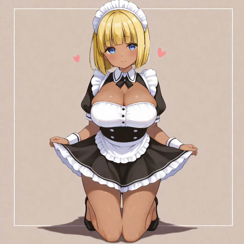 score_9, score_8_up, score_7_up, rating_explicit, 1 girl, cute, solo, (shortstack:1.3), (small body:1.2), human, thick thighs, large breasts, bedroom eyes, cleavage, blonde hair, fat ass, dark background, close-up, cute dress, puffy shoulders, bob cut, thighhighs, frilly, hairband