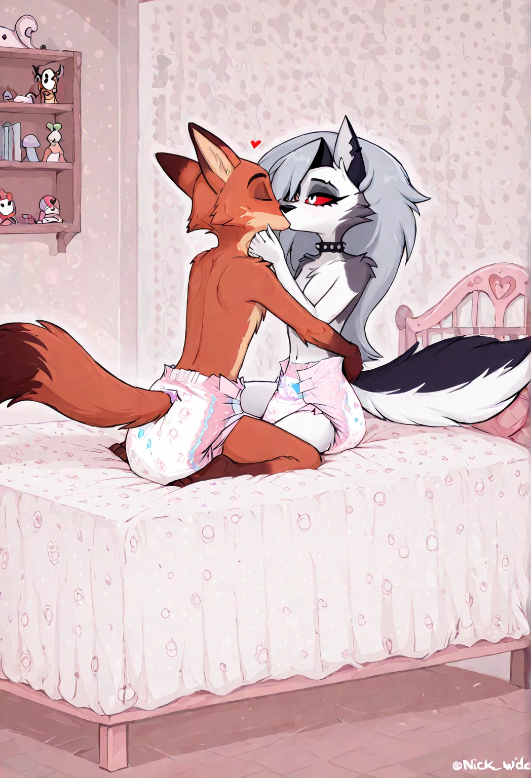 male adult crimson fox with pink nose, black ears, horns, purple eyes, black fingers, white hands, very fluffy body, male/female, thick black lineart, thick outline, adult on young, age difference, duo, furry art, eyes closed, is getting mounted, mounted, knot, vaginal penetration, is having sex with a young female cat, on bed, side view, hard sex, all fours, rape, moaning loudly, thick tail, upset face, white background, size difference
