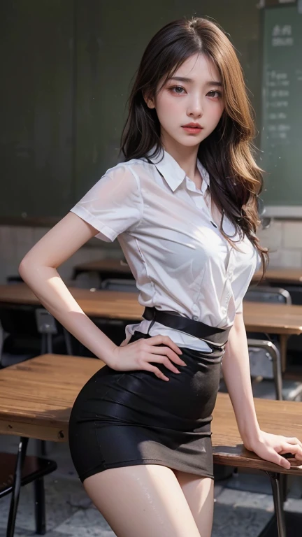 (Masterpiece, best quality, alone, รายละเอียดที่complex, Chromatic aberration), realistic, full body image,((Moderate breath)), hair on one eye,purple eyes, earring, sharp eyes, choker, (symmetrical eyes),(Perfect symmetrical body),Photo of a beautiful 22 year old girl, Beautiful and charming with contemporary fashion paintings as well...., looking at the audience, ((in the classroom background)), (1 Teen Girl),(black short skirt), (White short-sleeved, form-fitting shirt., Unbuttoning reveals.), ((Short black pencil skirt with side slits.)), belt, stilettos,((Put your hands down.)),Copper blonde hair, Bob, round chin, Art lens 85mm, Sharp focus, High resolution 8K, Crazy details, complex, elegant,sitting on the study table Lift one leg to eye level., legs slightly apart.,big breasts,big breasts, dynamic gesture, big breasts