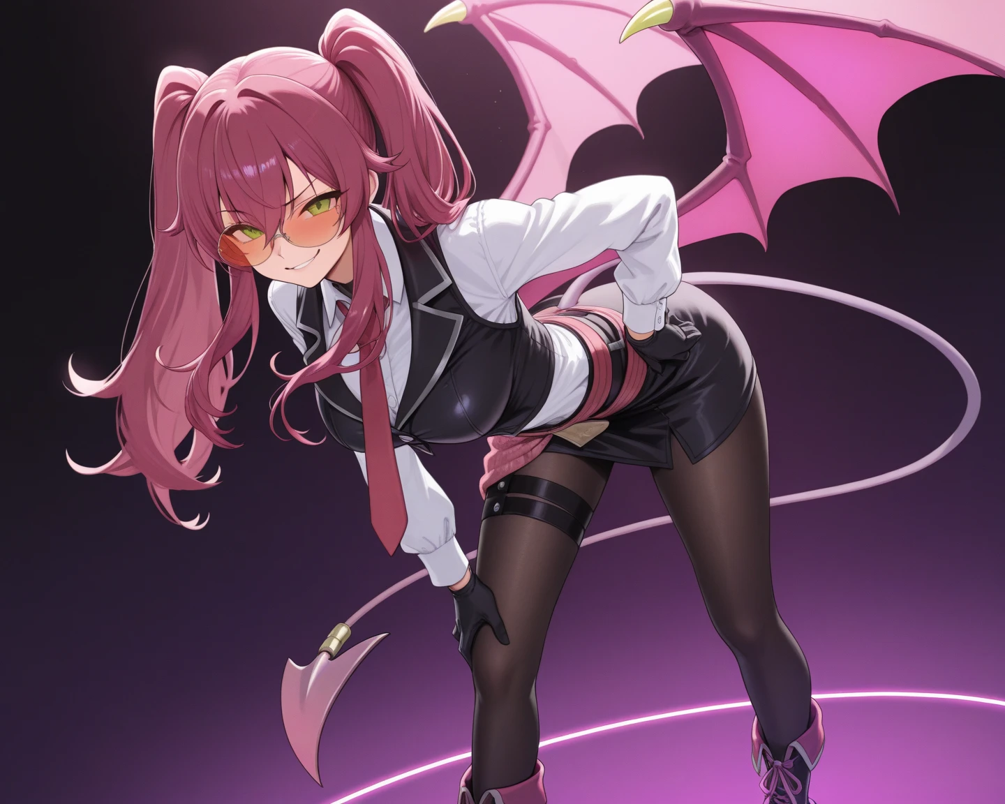masterpiece, detailed, Best Quality, Girl , fuchsia hair , a band aid on the face , high, school uniform , dragon wings , black school skirt , thigh high stockings , demonic horns, short hair , hair covers one eye , serious expression, pointy ears, elegant , medium breasts , fighting pose , good body , magnet colored eyes , strong , powerful magic , Grips , White shirt , Long black cape , alone , glow , Demonic shadows on the face , arms with demonic dark auras , bright Eyes , cuerpo strong , sweat