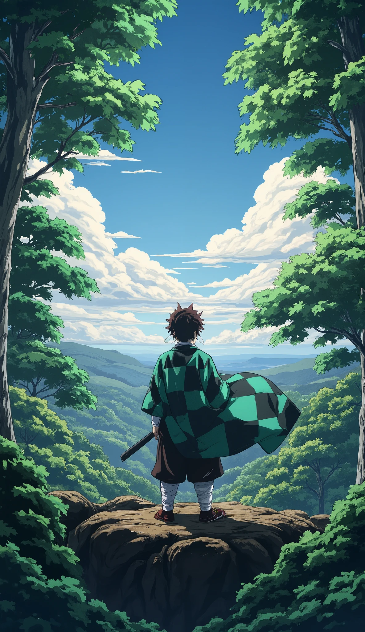 Ghibli-style character Tanjiro from demon slayer standing at the edge of a cliff with a vast open sky in front of them in a beautiful peaceful forest. The camera should focus on the character. The character looking at the sky. Sunlight streaming between the trees. Slow breeze, the atmosphere is calm, mystical, and deeply connected to nature, symbolizing inner peace and purpose. Masterpiece, 8K quality.