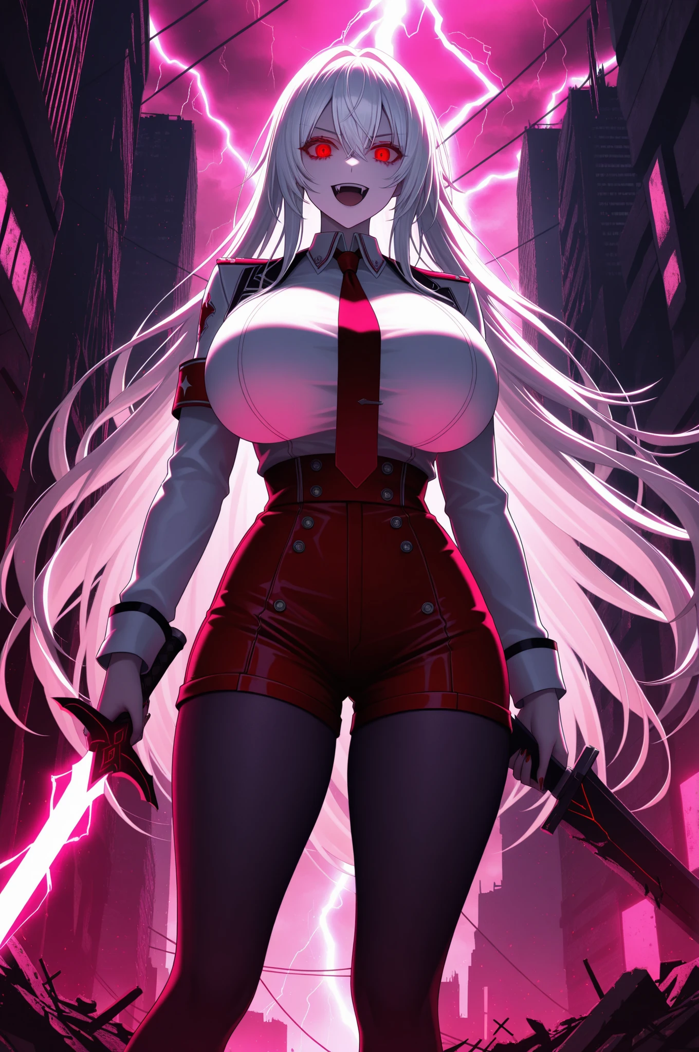 long white hair, vampire, glowing detailed red eyes, uniform, white shirt, tie, red shorts, holding sword, 1girl, solo, vampire fangs, huge breasts, ruined futuristic city, dystopia, lightning storm, pink lighting, volumetric lighting, cinematic lighting, masterpiece, best quality, amazing quality, very aesthetic, absurdres, newest,