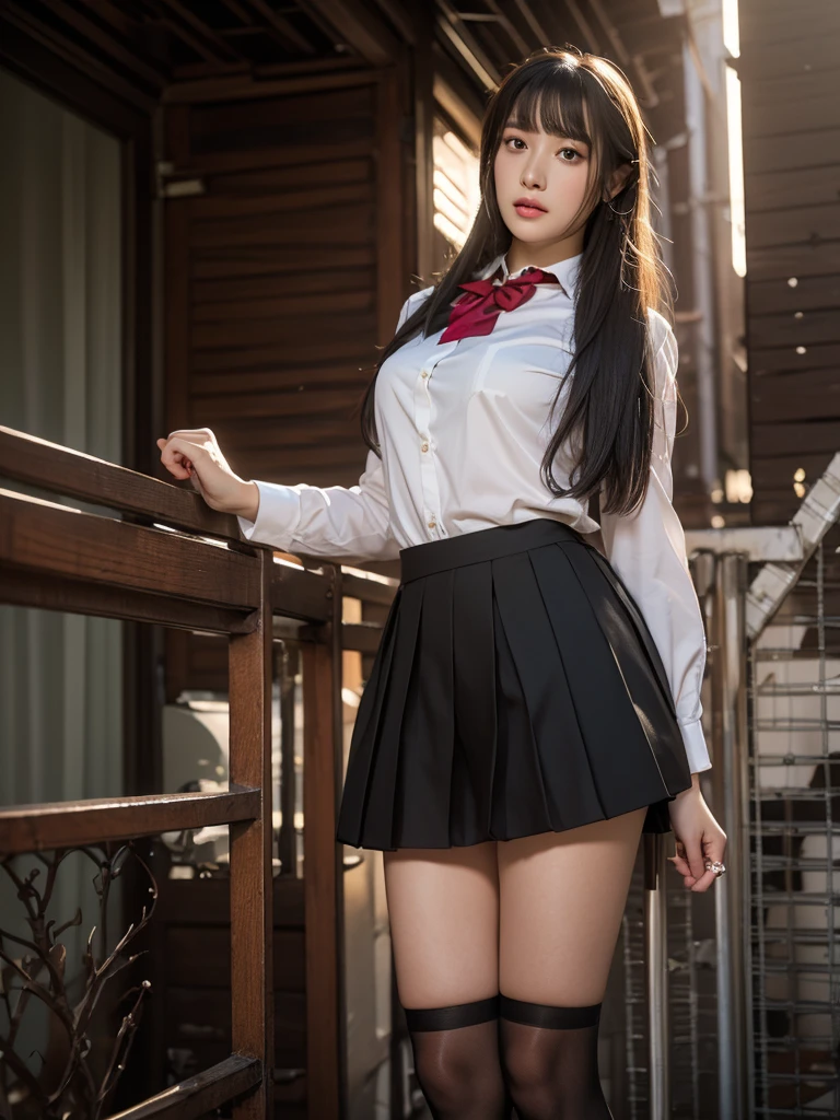 VSLINX_Orihime_Inoue, Dark brown eyes, ((Dark gray school uniform，red bowtie)), Medium breasts, white thighhighs, Superskirt, pantyshot, dark grey skirt, white kneehighs, school hallway, ((From the front side)), From above, Deep eyes, Detailed eyes, White panties, Smiling, Blushing, Slim legs, Detailed face, ((view the viewer)), Closed mouth, hair adornments, A high resolution, masterful, 8K wallpaper, Extremely detailed, Intricate, Hyper-detailed, hard lighting, Intricate details, Detailed eyes, eyes focus, (illustration:1.1), A high resolution, (Beautiful face:1.15), (((Masterpiece))), (Highest quality), ((Perfect face)), very deep eyes, (Cinematic lighting), Best quality, side lights, A high resolution, (Intricate details), detailed finger, Beautiful detailed eyes,Ray tracing,{Best quality}, {{Masterpiece}}, {A high resolution}, Original, Extremely detailed 8k wallpapers, {An extremely delicate and beautiful},incredibly_absurderes,Colorful,intricately details, Detailed skin, Detailed face, Ambient lighting, 8K resolution,Masterpiece, Sharp focus, 8K, Realistic, Highly detailed,Very delicate hair, very detail eyes,Intricate details,(Face focus:1.6)