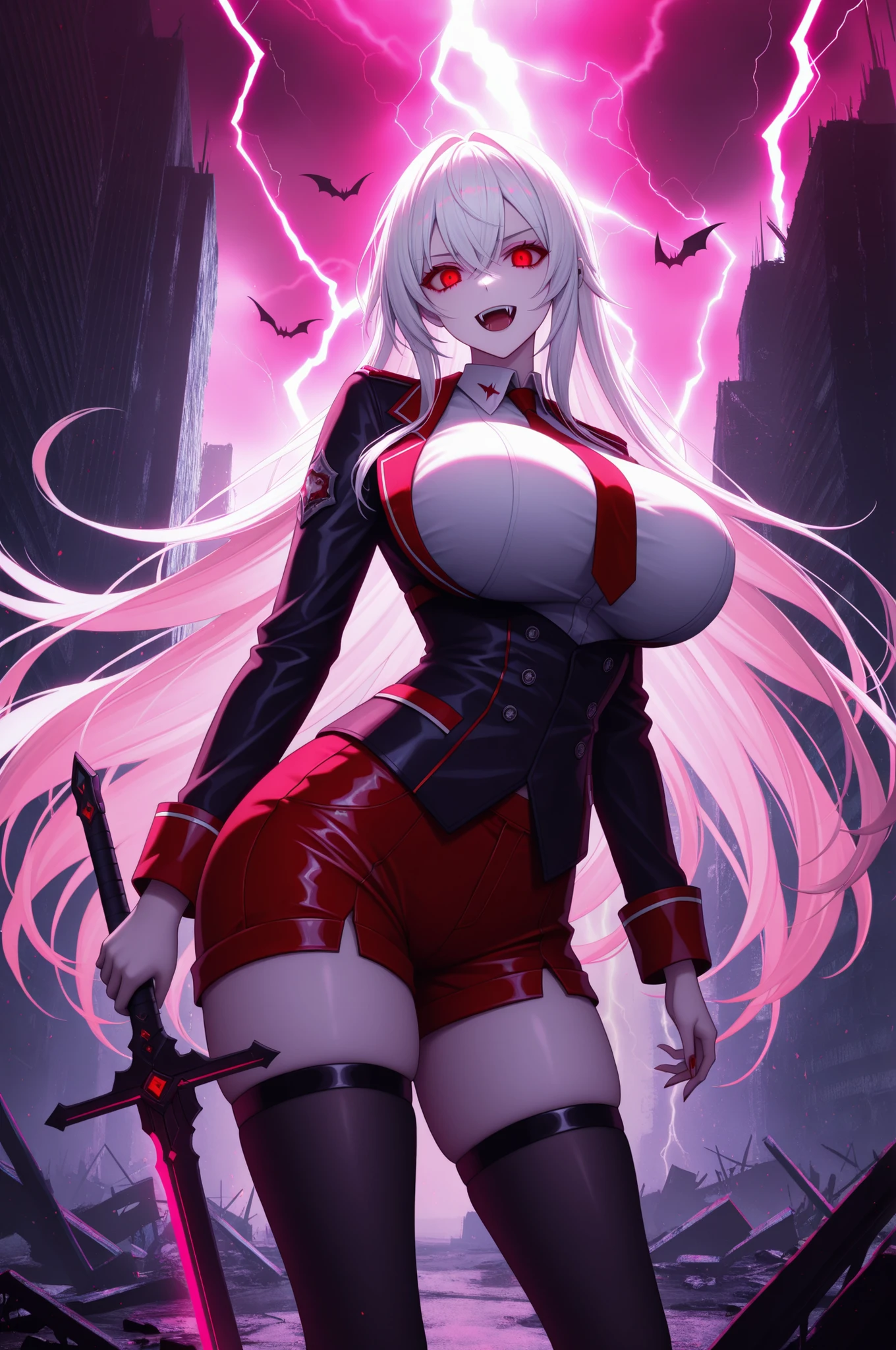 long white hair, vampire, glowing detailed red eyes, uniform, white shirt, tie, red shorts, holding sword, 1girl, solo, vampire fangs, huge breasts, ruined futuristic city, dystopia, lightning storm, pink lighting, volumetric lighting, cinematic lighting, masterpiece, best quality, amazing quality, very aesthetic, absurdres, newest,