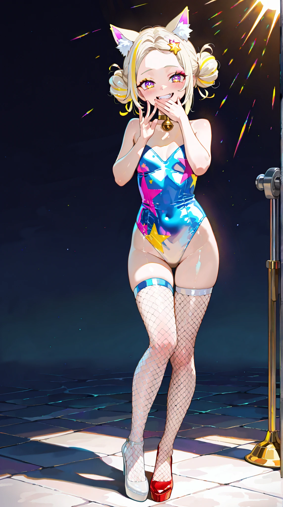 (masterpiece, Highest quality, Ultra-detailed), (figure), (Detailed and beautiful eyes), (1 Girl), (alone), Watching the audience, Cowboy Shot, blush, Better Hands, Perfect hands, Five Fingers,Leg spread,(((Striped metallic ultra micro bikini))),Mansuji,See-through nipples,Oily skin,((((Sweat)))),Sex,Beautiful eyes,Large Breasts,Nightclub ,Low - Angle,sit、Leg spread、front、、Light purple pubic hair、Knee socks