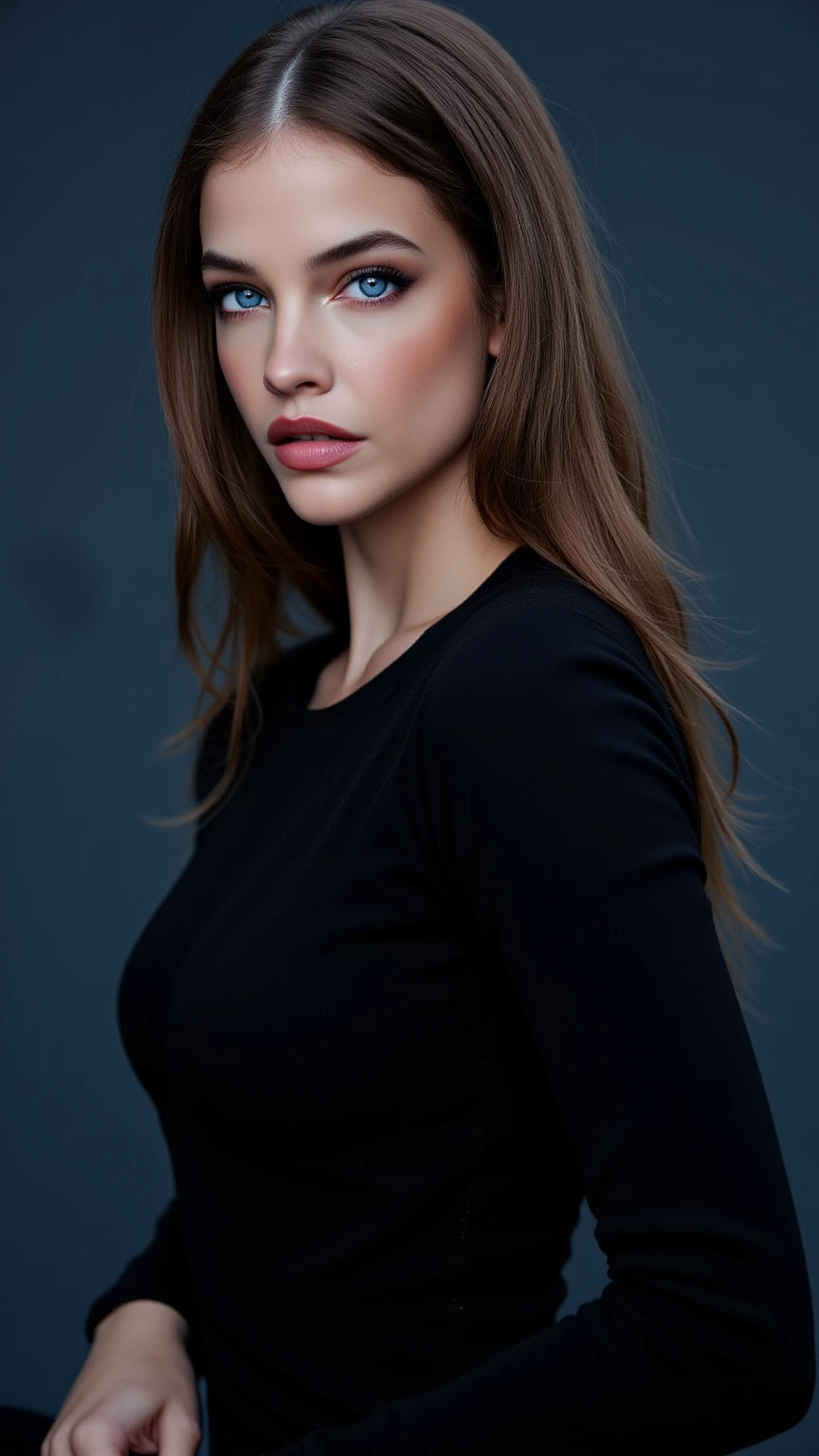 female vogue model 35yo with pale skin, beautiful evil slavic muscular woman, pale skin, long light brown hair, sleek hair, strong make-up, pat mcgrath-style, wearing boris bidjan saberi, 1990s vogue-style, setting is an artsy, ad-magazine-style, style indoor environment dark and stunning, atmosphere is dim, dreamlike, dark ambiance.