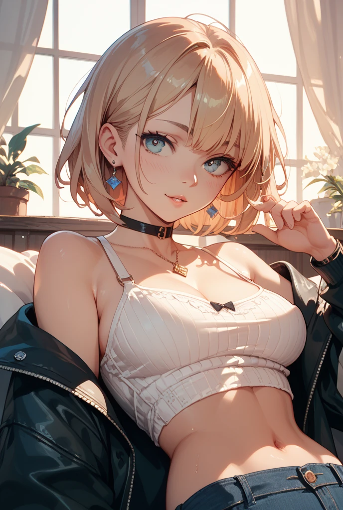 (masterpiece)(8k)(cute)(18-year old woman)(1girl:1.5)(solo:1.8)(from above)(lying on bed)(facial close-up)(wild messy hair:1.3)(short hair:1.3)(orange hair)(flat chest:1.6)(white bandana:1.2)(lime green pupils)(glossy skin)(glossy lips:1.3)(glossy eye-shadow:1.5)(choker necklace)(casual clothes:1.3)(sexy:1.3)(blush:1.4)(semen:1.5)(pubic hair:1.2) rossdraws pastel vibrant, rossdraws cartoon vibrant, style anime 8k, beautiful portrait, artgerm colorful!!!, ! dream artgerm, beautiful anime girl, styled digital art, art wallpaper 8k, digital art, extremely detailed artgerm,