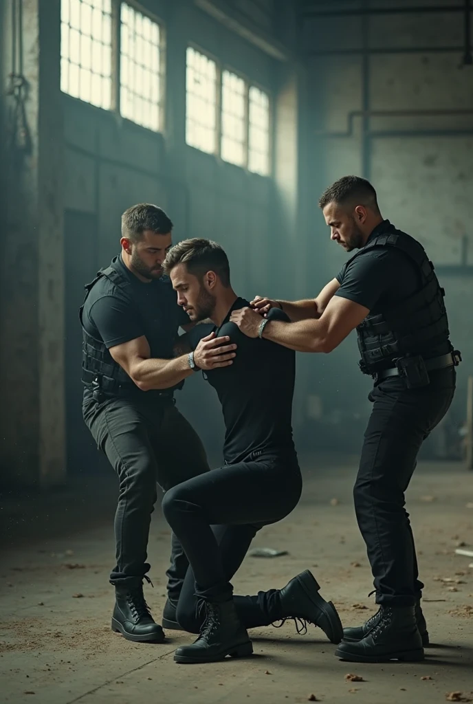 Two policemen muscle thief without a coat, Open bulletproof vest!wear leather shorts!! handsome, muscle, chest hair, gay art, Finnish Tom style, film texture, blurred background, close-up of the protagonist Tie it with a rope! Handcuffs! Only wear leather shorts!! Open bulletproof vest