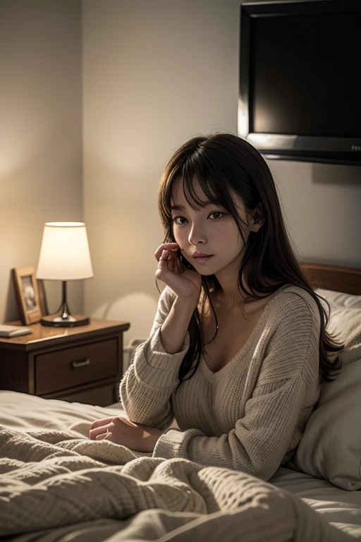 Wear headphones、read、Outside the window is a magnificent night view.、Wearing a long sleeve knit sweater、Warm lighting、casual、Sophisticated atmosphere、Her hair is shoulder-length、Has natural waves、Calm expression、You can see the cityscape outside the window。The room decor is modern and luxurious...、There is a stylish lamp next to the bed...。Warm color imageake sure you create a relaxing atmosphere.。Portrait of a woman lying on a bed wearing a light blue bra, Japanese Model, Big Breasts, Young Sensual Gravure Idol, Young and cute gravure idol, realistic Young Gravure Idol, Real Sensual Gravure Idol, Young Gravure Idol, A sophisticated gravure idol, A young and slender gravure idol, Beautiful Asian Girl, close your eyes