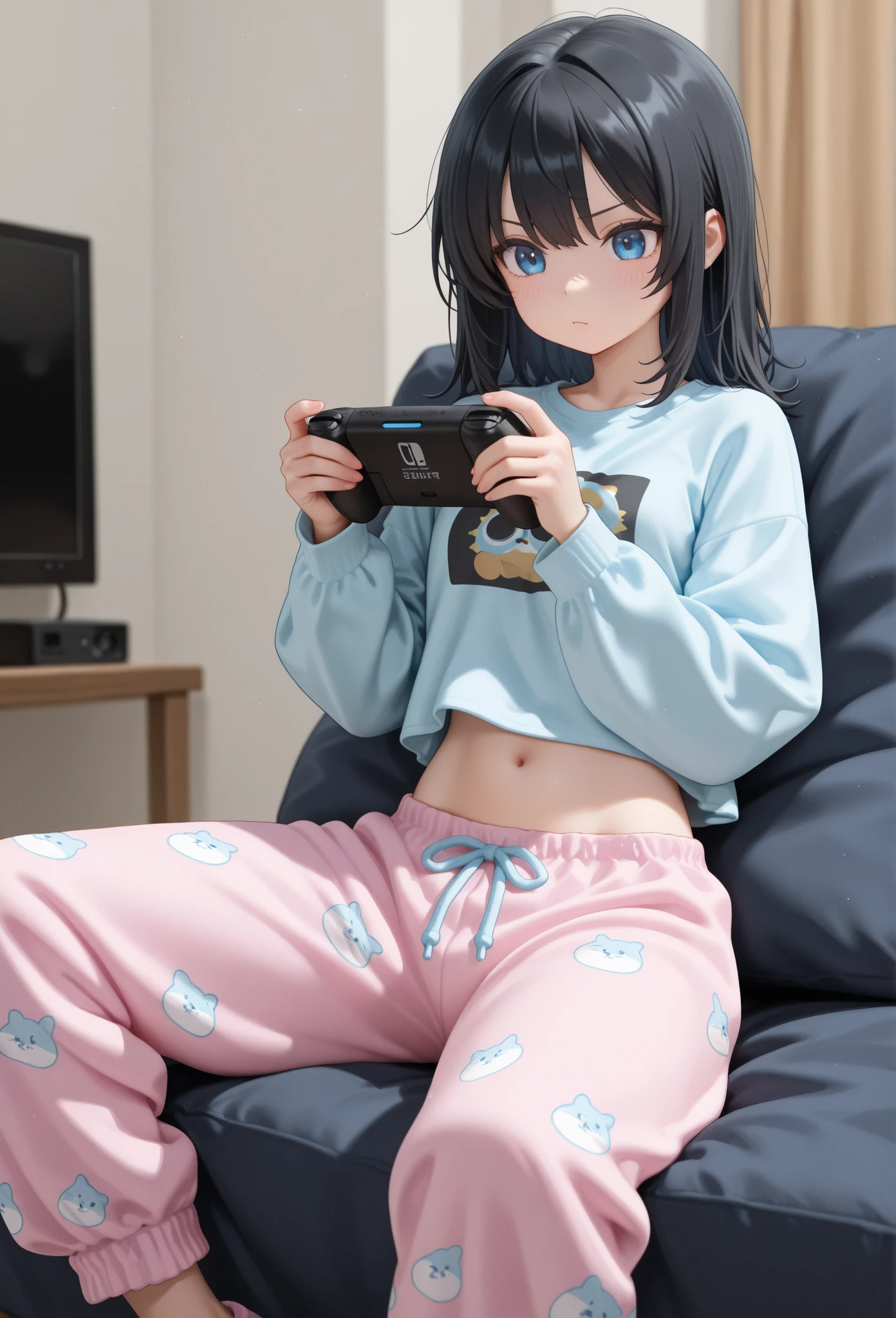 (Masterpiece) (High Detail) (High Res) A short humanoid girl with pale human skin and blue eyes and long blue hair and blue dog ears and a big fluffy dog tail and small breasts is relaxing on a large beanbag-chair, and is wearing just an oversized hoodie and playing on her nintendo Switch.