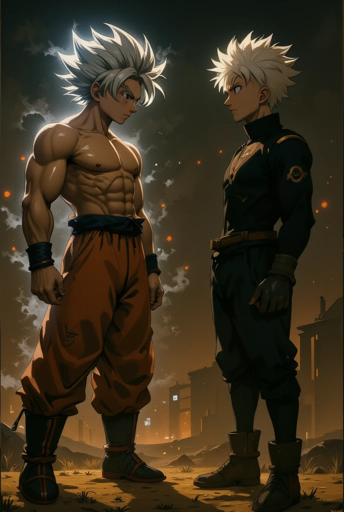 Dragon Ball Z, Short, messy white hair, Glow effect, Surreal, Ultra-realistic photos, Style インク chinoise noir et blanc，4K，Hola，high quality, The clothes are torn、Eyes are glowing、Orange clothes、It is releasing energy、Young man、Glaring