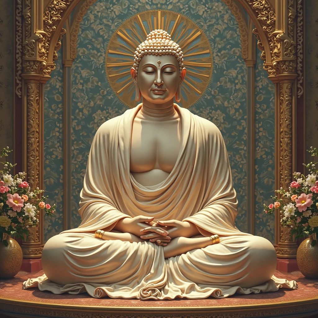Siddhartha Buddha's statue, make with white stone, hyper realistic sculpture, hyper realistic, hyper detailed, masterpiece art work.