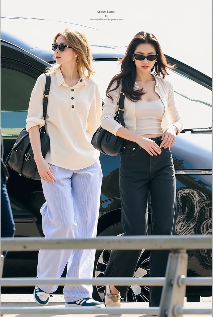 28-year-old South American woman，Long black hair and curly hair，sunglasses，White shirt with a neckline，Black trousers，White shoes，Walk the crowded streets，While walking through and drinking drinks through a straw，Look left and right，
