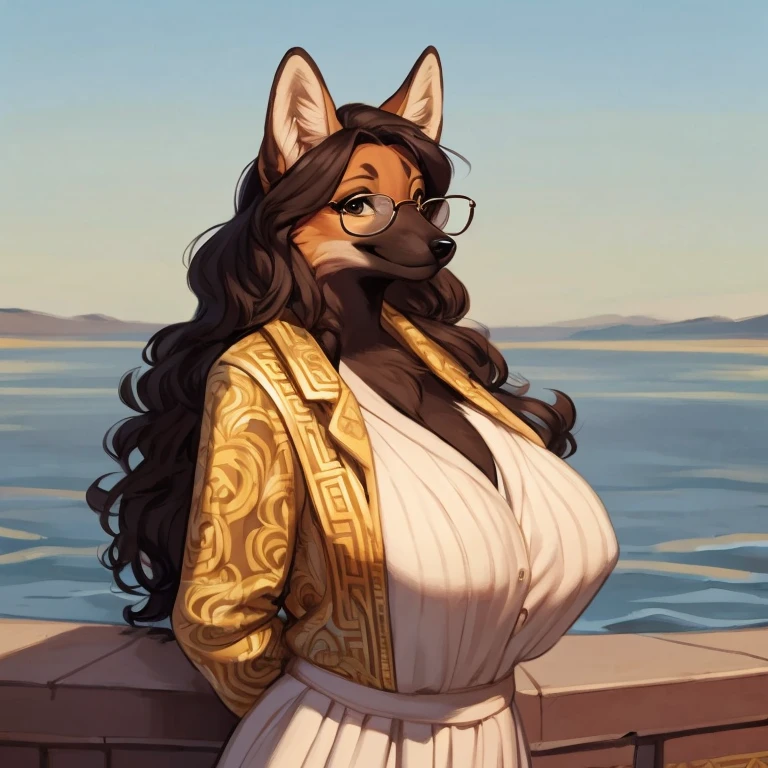By bebebebebe, by lostgoose, by goonie-san, solo, muscular, canine, ((black wolf, fluffy)), smirking, hands behind head, wavy hair, ((copper hair)), (snout), big breasts, curvy, thicc, overweight, milf, chubby, standing, wrinkly, italian city, massive, size of a building, ((she is a 20 foot tall woman)), detailed eyes, (((versace))), cleavage, sweater, pants, (macro)