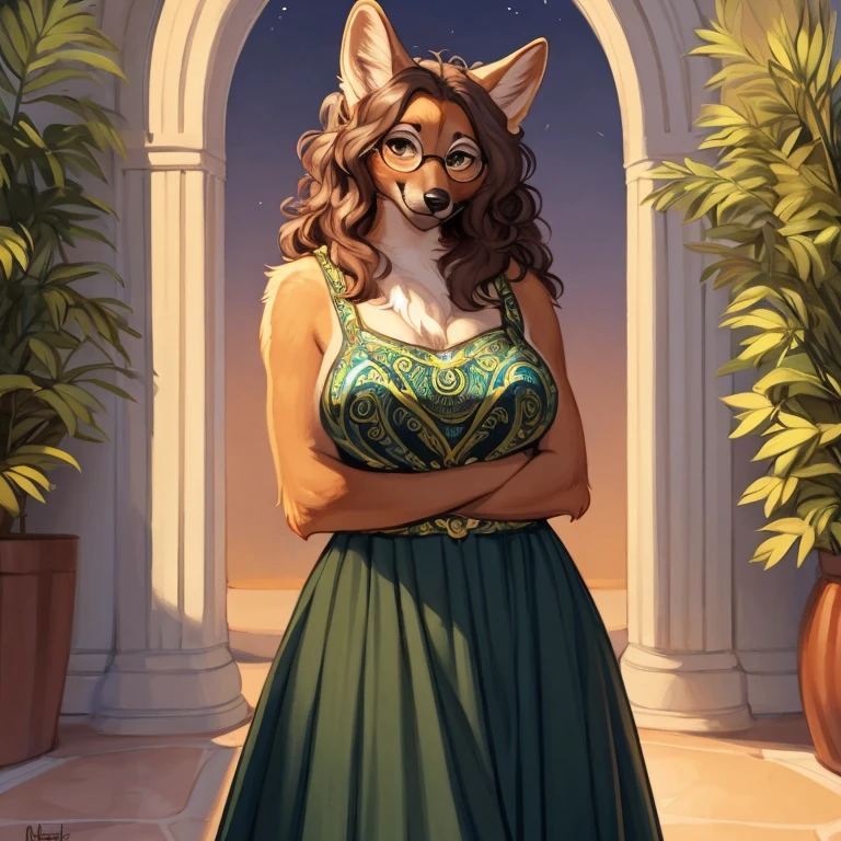 By meesh, by bebebebebe, by spuydjeks, by mellonbun, solo, female, standing, canine, (snout, wavy hair), smiling, looking at viewer, hands behind back, big breasts, lupo italiano, (glasses, designer clothes, gucci)