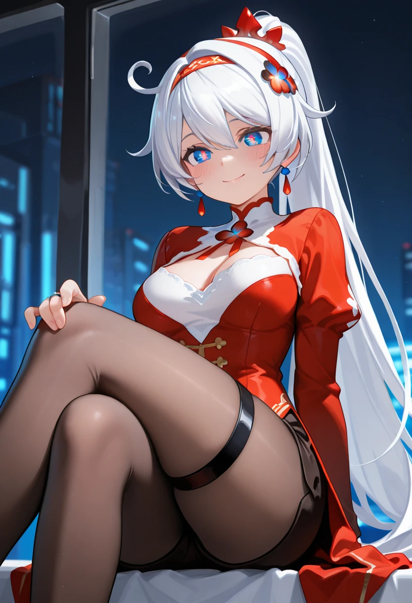 Red double ponytail,red color eyes,Sexy nurse uniform,white long gloves,White panty hose,white Heels,duck sitting,Look at the audience with a smile