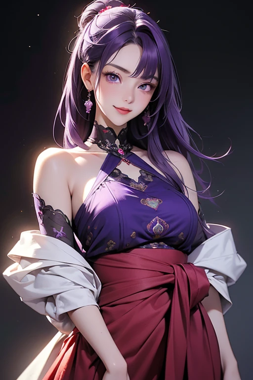 1 girl, Blunt bangs, Braiding, Wide sleeves, hair ornaments, kimono, Yellow and navy lace、(Purple Hair:1.2), Very long hair, Straight hair, Looking at the audience, Highly detailed background, (Realistic:1.2), Beautiful Eyes, Red eyeshadow, Written boundary depth,thigh, (Ulzzang-6500:0.7), Upper Body, (alone:1.2), Cleavage, Shiny skin、Hair blowing in the wind、Four fingers, One thumb、Rose Background、smile、