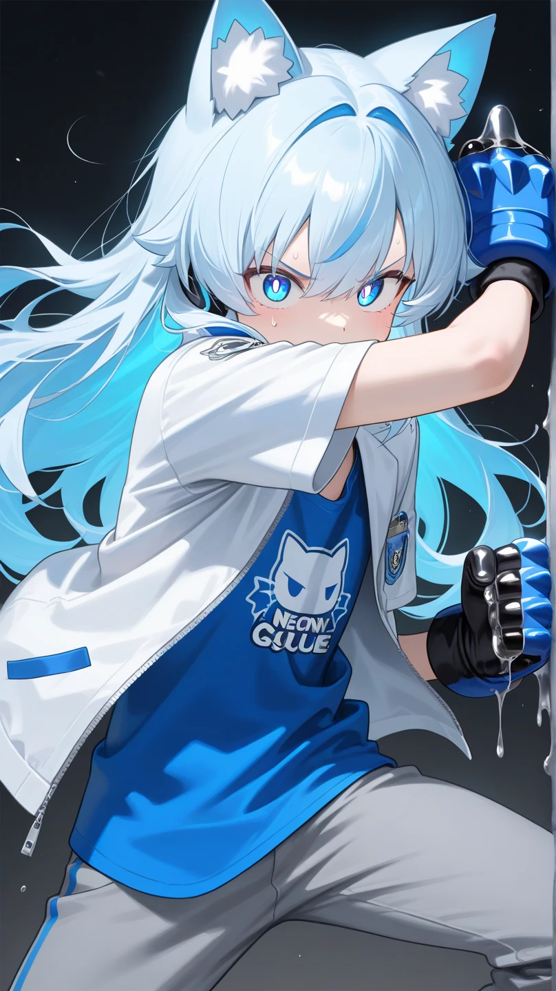 Cover magazine. Solo. 1woman. Anime. A woman with white hair. Her hair is long. Her eye color is blue. She was very cheerful and liked to smile. She is a poet. Wearing a blue hoodie and hoodie hood. She is full of freedom. Have ahego