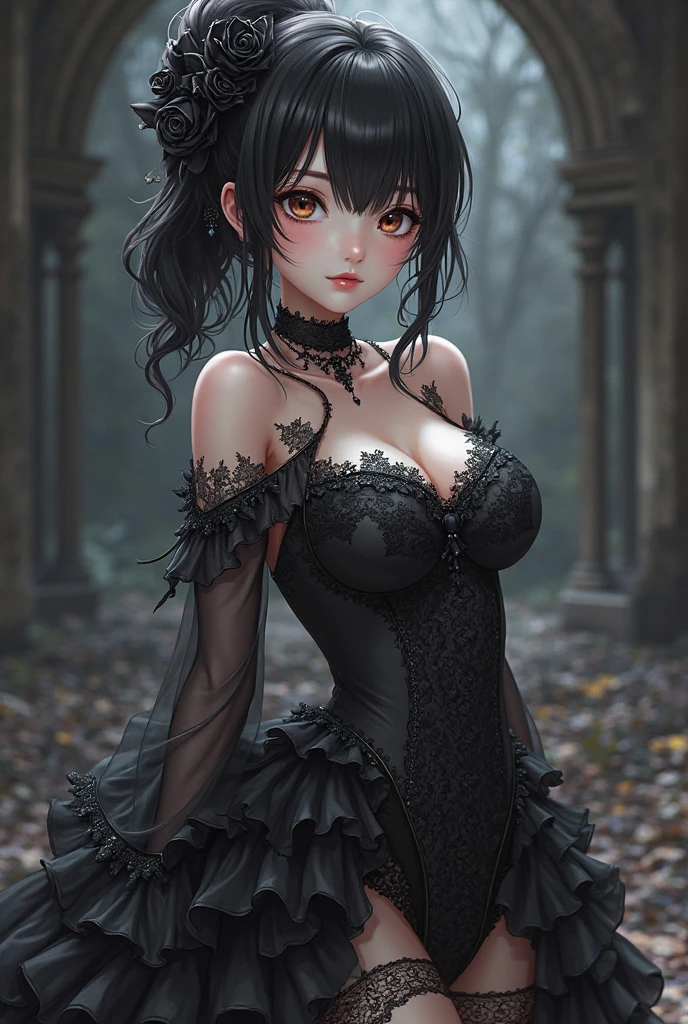 Master works, clenched teeth, high detail, higher quality, 8k resolution, perfect body, royal sister, black silk long legs, full body shot, hot girls, blush, curly hair, lace, hot pants, wet body, hands behind the head, autumn scene,