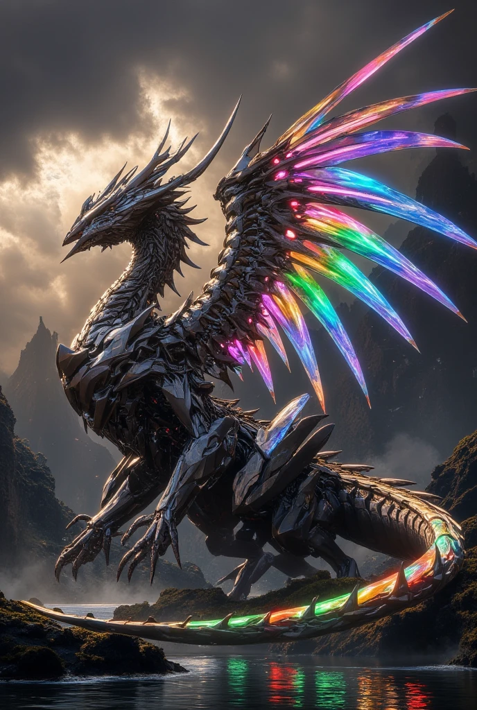 A Griffin,Mythological Griffin,Griffin skeleton, Glowing blue eyes,Glowing steel blue tail, Iron Claw feet, Bright colors, in the storm,Very detailed, Realistic photos, iron claw paws, 2 wings