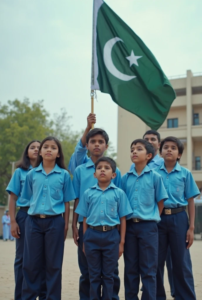 ??? in orange shirt and navy blue pant school uniform, holding Pakistan flag, other kids celebrating in background, warm sunlight, patriotic atmosphere, Independence Day of Pakistan celebration. Having a banner happy independence day clearly written on it. School building in background named as the imperial school